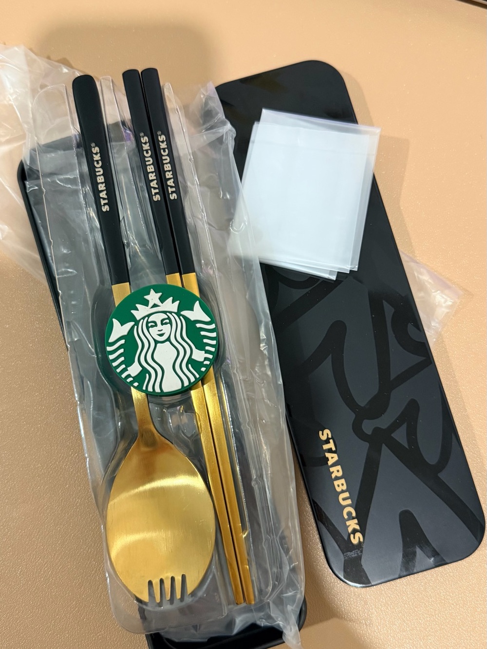 Starbucks Black & Gold Utensil Set with Green Logo Accent